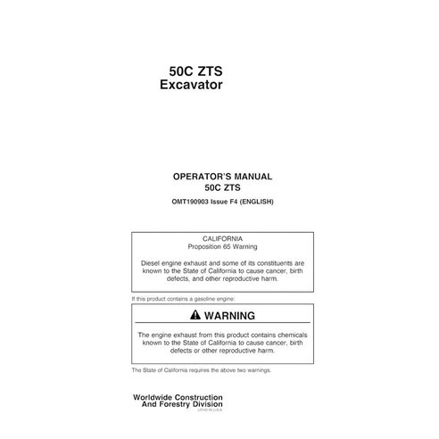 Manuel d'utilisation de la pelle compacte John Deere 50C ZTS au format PDF - John Deere manuels - JD-OMT190903-EN