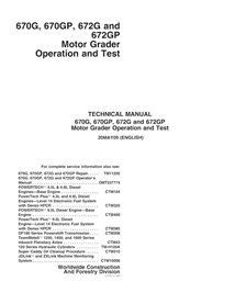 Manual técnico de operação e teste de niveladoras John Deere 670G, 670GP, 672G e 672GP em PDF - John Deere manuais - JD-TM112...