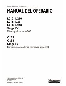 Manual do operador em PDF da carregadeira compacta New Holland L213, L216, L218, L220, L221, L228, C227, C232 Stage IV ES - N...