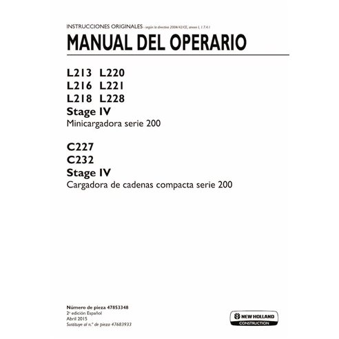 Manual do operador em PDF da carregadeira compacta New Holland L213, L216, L218, L220, L221, L228, C227, C232 Stage IV ES - N...