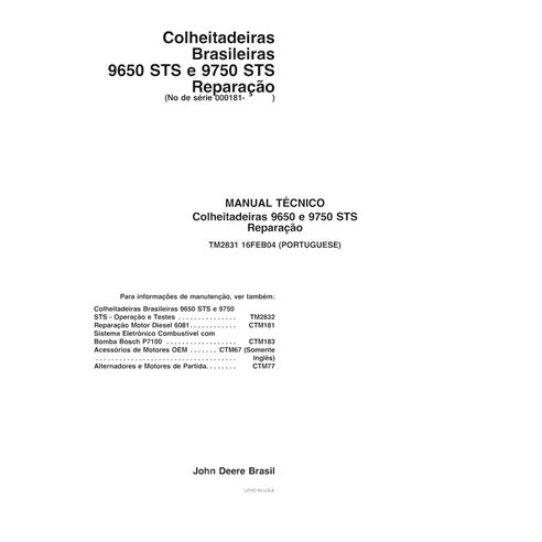 John Deere 9650 STS, 9750 STS colheitadeira pdf manual técnico de reparo PT - John Deere manuais - JD-TM2831-PT