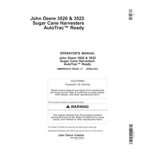 JD-OMNW00279 Manual del operador de la cosechadora de caña de azúcar John Deere 3520, 3522 (2009, Edición J1) (OMNW00279)