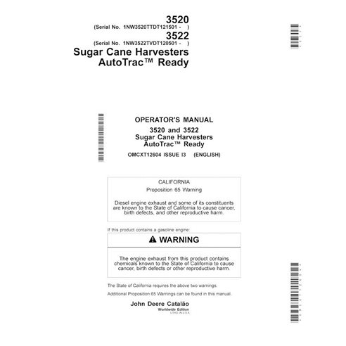 John Deere 3520, 3522 (2013-, Edição I3) manual do operador da colhedora de cana-de-açúcar em pdf - John Deere manuais - JD-O...