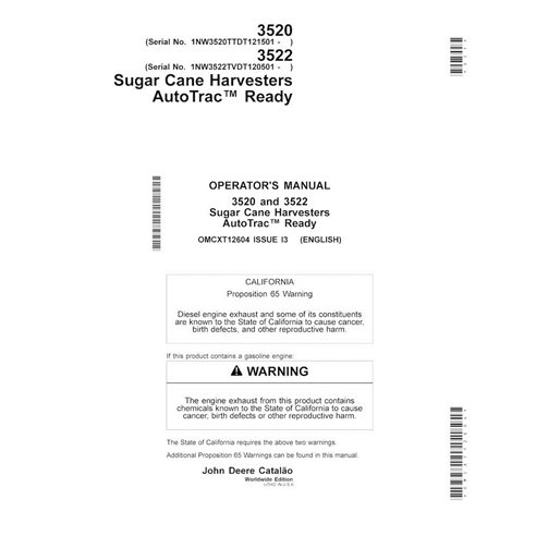 JD-OMCXT12604 John Deere 3520, 3522 (2013-, Issue I3) sugar cane harvester operator's manual (OMCXT12604)