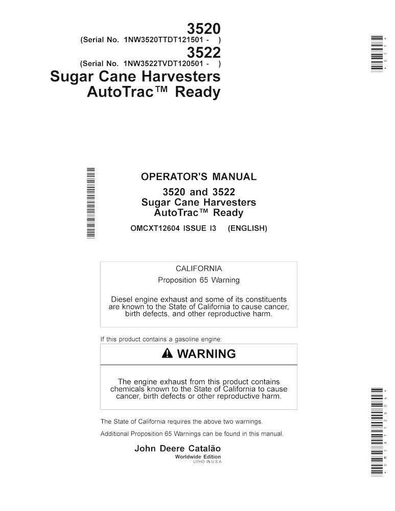 John Deere 3520, 3522 (2013-, Issue I3) sugar cane harvester pdf operator's manual
