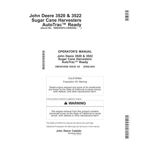 Manual del operador de la cosechadora de caña de azúcar John Deere 3520, 3522 (2011-, edición H2) en formato PDF - John Deere...