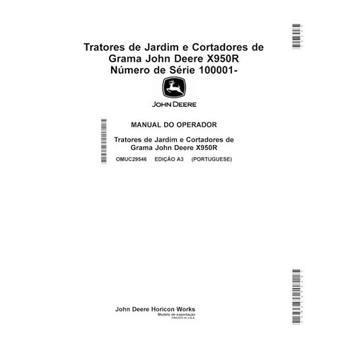 Manuel d'utilisation du tracteur à gazon John Deere X950R au format PDF PT - John Deere manuels - JD-OMUC29546-PT