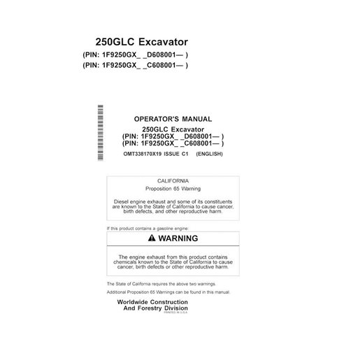 John Deere 250GLC excavator pdf operator's manual  - John Deere manuals - JD-OMT338170X19-EN