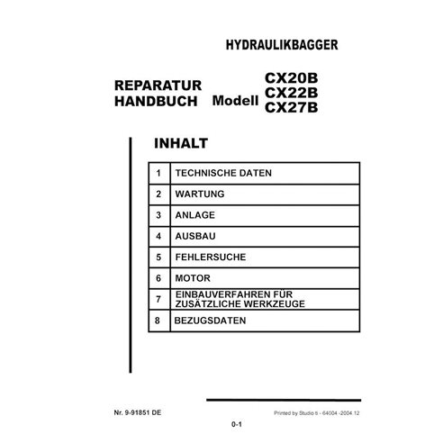 Manual de servicio en formato PDF de la excavadora Case CX20B, CX22B, CX27B - Case manuales - CASE-9-91851-SM-DE