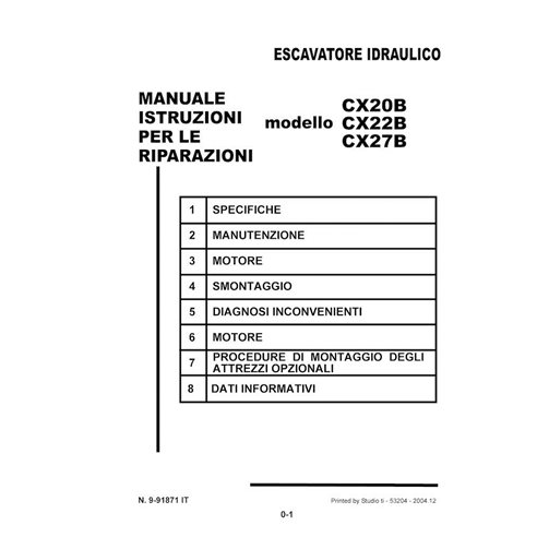 Manuel d'entretien pdf pour excavatrice Case CX20B, CX22B, CX27B IT - Case manuels - CASE-9-91871-SM-IT