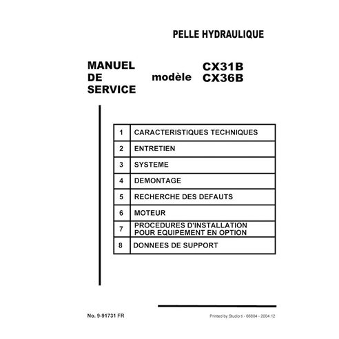 Manual de servicio en formato PDF de la excavadora Case CX31B, CX36B - Case manuales - CASE-9-91731-SM-FR