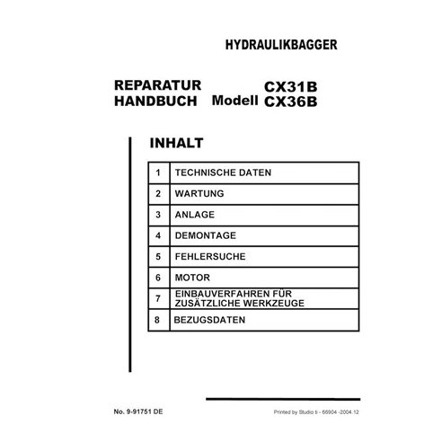 Manual de servicio en formato PDF de la excavadora Case CX31B, CX36B - Case manuales - CASE-9-91751-SM-DE