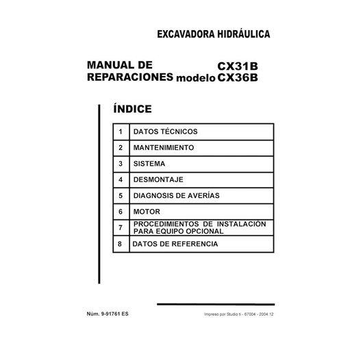 Manual de servicio en formato pdf de la excavadora Case CX31B, CX36B ES - Case manuales - CASE-9-91761-SM-ES