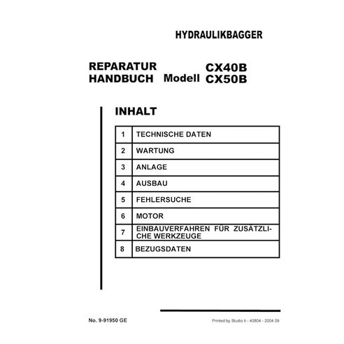 Manual de servicio en formato PDF de la excavadora Case CX40B, CX50B - Case manuales - CASE-9-91950-SM-DE