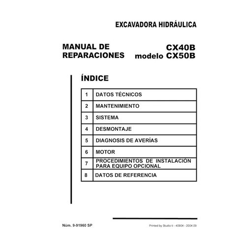 Manual de servicio en formato pdf de la excavadora Case CX40B, CX50B ES - Case manuales - CASE-9-91960-SM-ES