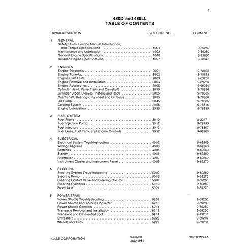 Manuel d'entretien PDF de la chargeuse-pelleteuse Case 480D, 480LL - Case manuels - CASE-9-69260-SM-EN