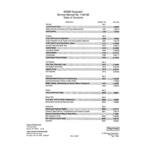 Manual de servicio en formato pdf de la excavadora Case 9030B - Case manuales - CASE-7-62192-SM-EN