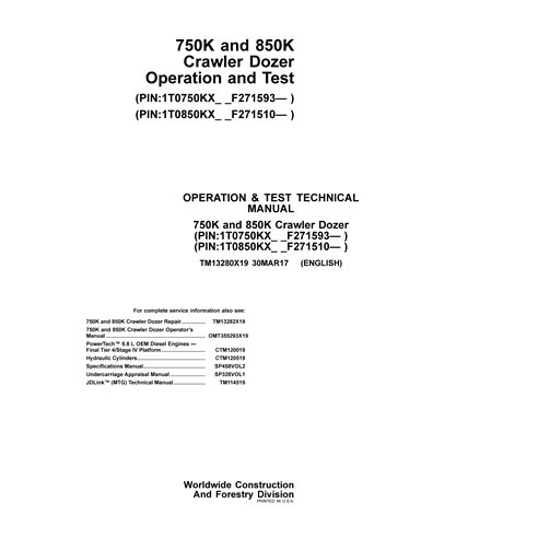 John Deere 750K and 850K crawler dozer pdf operation and test technical manual 