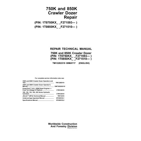 John Deere 750K and 850K crawler dozer pdf repair technical manual 