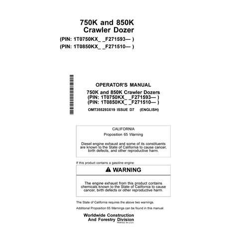 JD-OMT355293X19 John Deere 750K and 850K crawler dozer operator's manual (OMT355293X19)