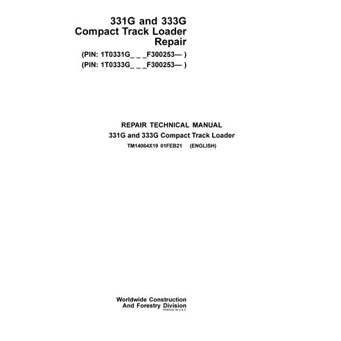 John Deere 331G, 333G compact track loader pdf repair technical manual 