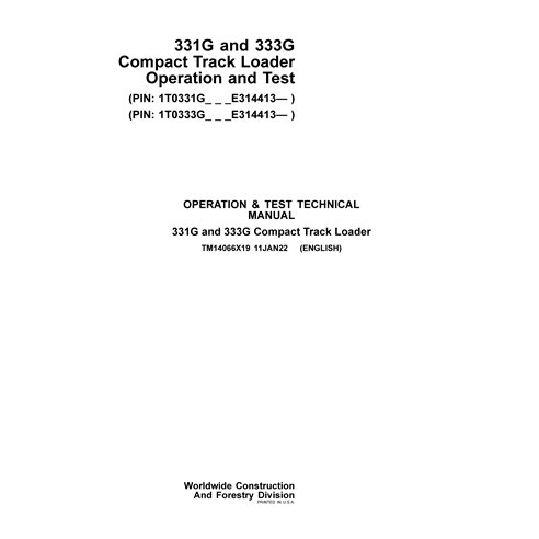 John Deere 331G, 333G compact track loader pdf operation and test technical manual 