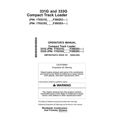 JD-OMT362754X19 John Deere 331G, 333G compact track loader operator's manual (OMT362754X19)