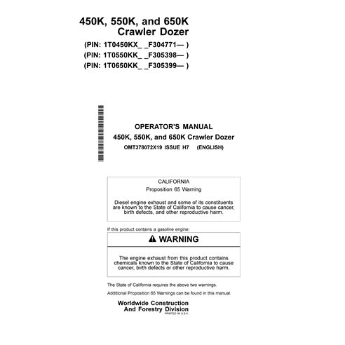 John Deere 450K, 550K, 650K crawler dozer pdf operator's manual 