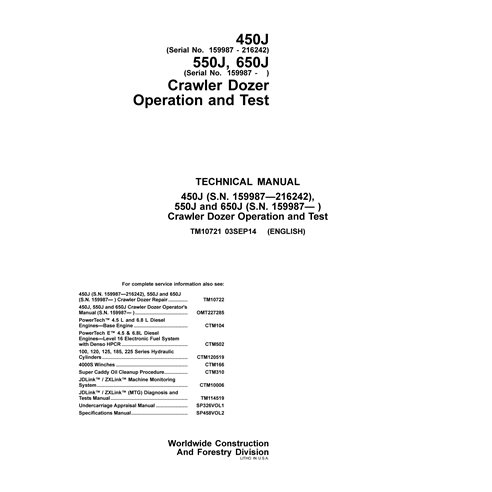 TM10721 John Deere 450J, 550J, 650J S.N. 159987- crawler dozer repair technical manual (TM10721)
