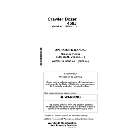 John Deere 450J S.N. 216243- crawler dozer pdf operator's manual 