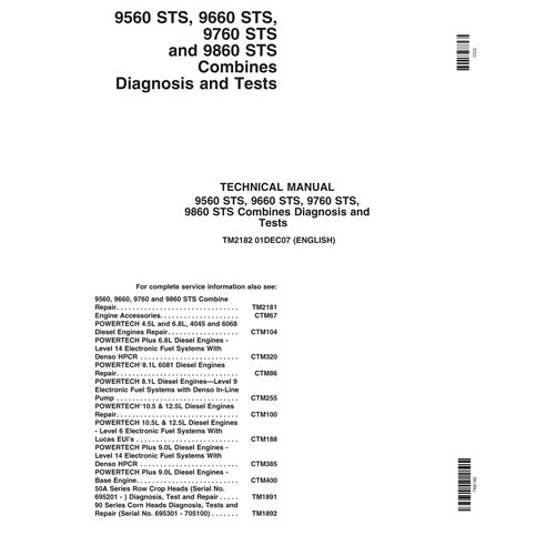 TM2182 Manual de diagnóstico e testes das colheitadeiras John Deere 9560 STS, 9660 STS, 9760 STS e 9860 STS (TM2182)
