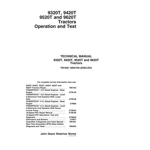 John Deere 9320T, 9420T, 9520T and 9620T tractor pdf operation and test technical manual 