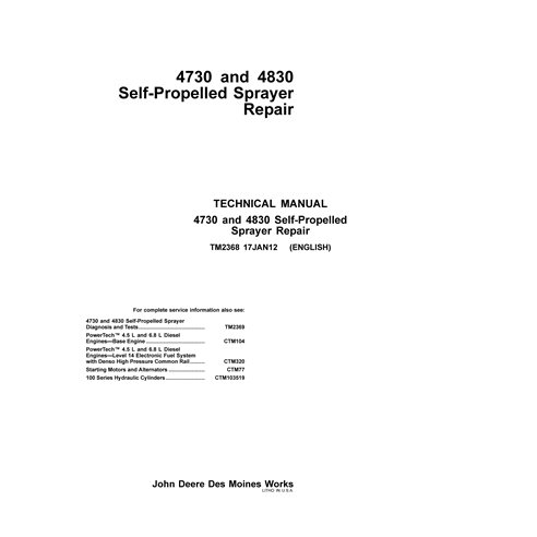 TM2368 Manuel technique de réparation des pulvérisateurs automoteurs John Deere 4730 et 4830 (TM2368)