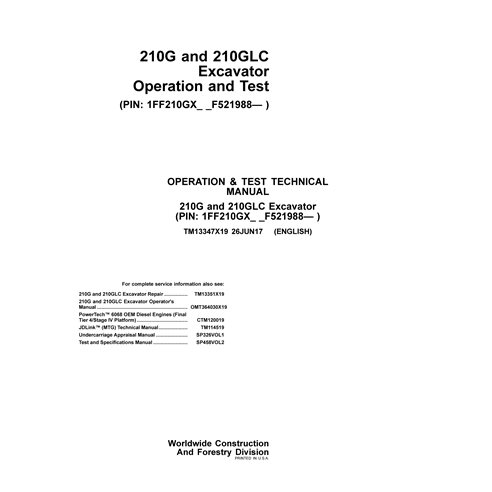 TM13347X19 Manuel technique d'utilisation et de test des excavatrices John Deere 210G, 210GLC au format PDF