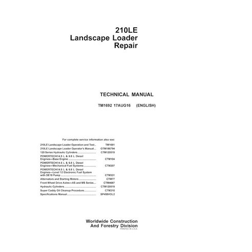 TM1692 Manuel technique de réparation du chargeur paysager John Deere 210LE (TM1692)