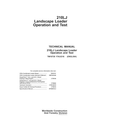 TM10730 Manual técnico de operación y prueba de la cargadora paisajista John Deere 210LJ (TM10730)