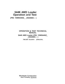 TM12097-06-18 Manuel technique d'utilisation et de test de la chargeuse sur pneus John Deere 544K PIN : 1DW544KZ__E642665 (TM...